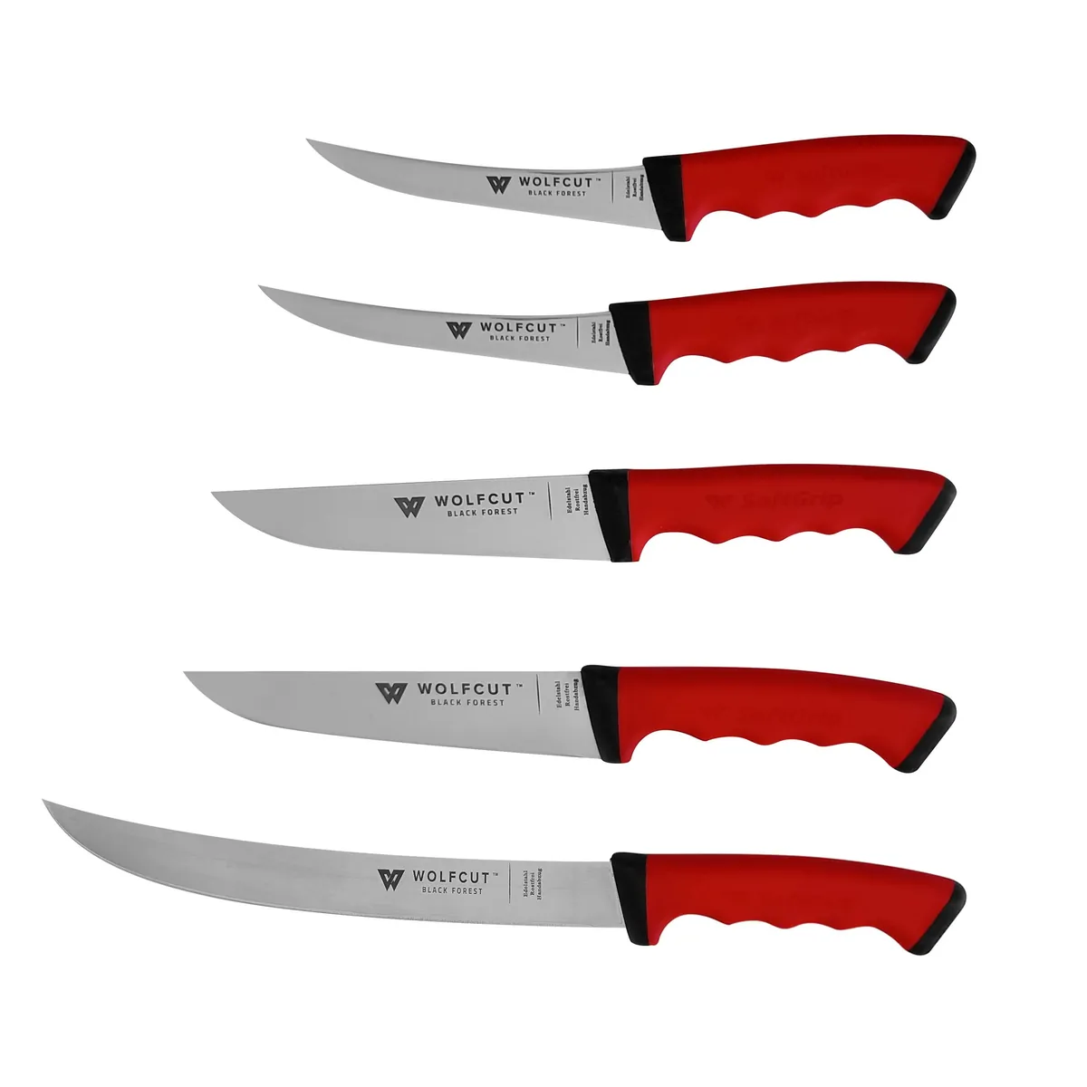 WOLFCUT SoftGrip RED-Serie - Metzgermesser-Set 5-tlg-Serie Ausbeinmesser, Stechmesser, Fleischermesser, Zerlegemesser