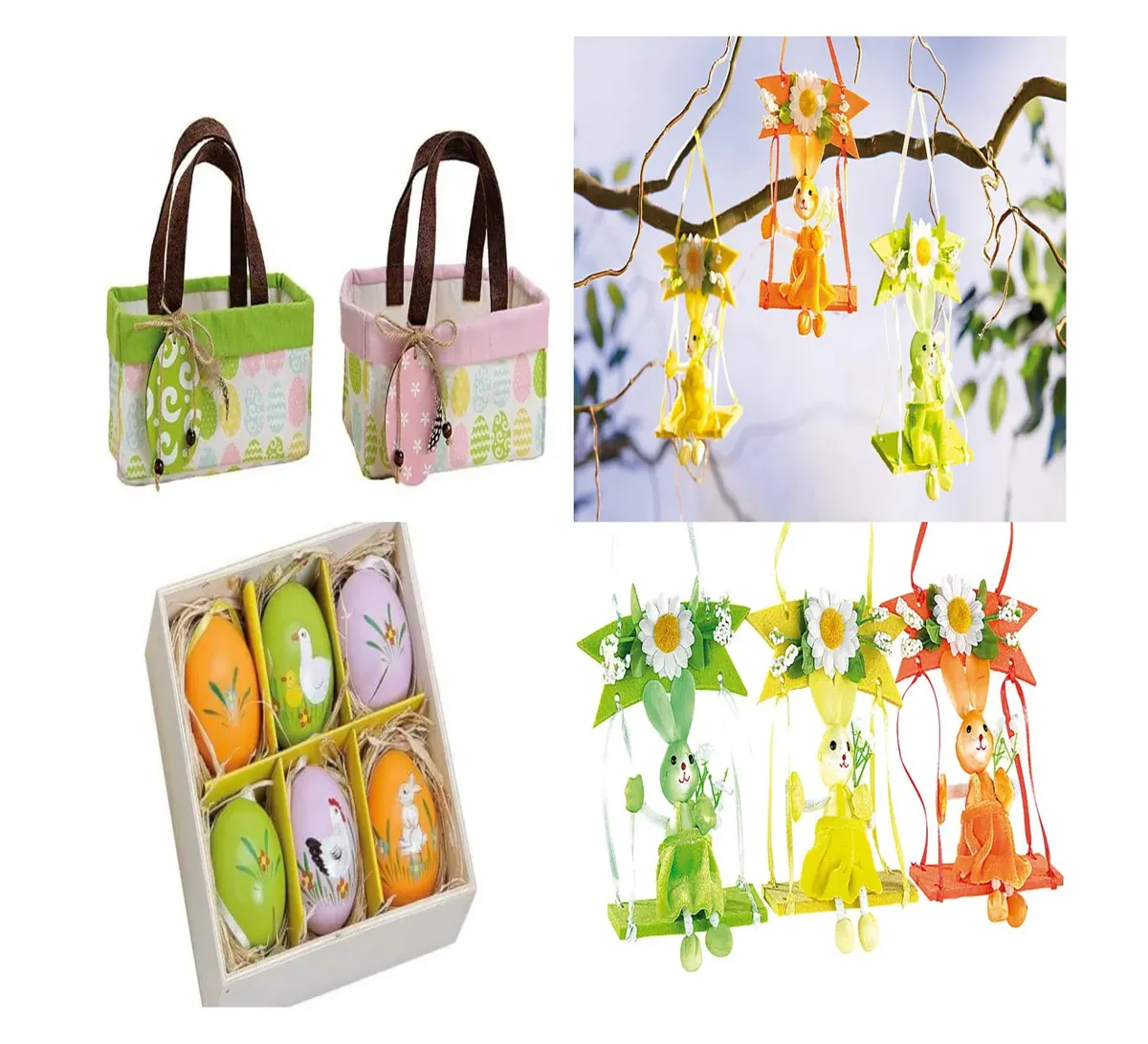 Oster-Deko-Set 4-teilig – Frühlingshäschen, bunte Eier mit Bilder & 2 Osterkörbe
