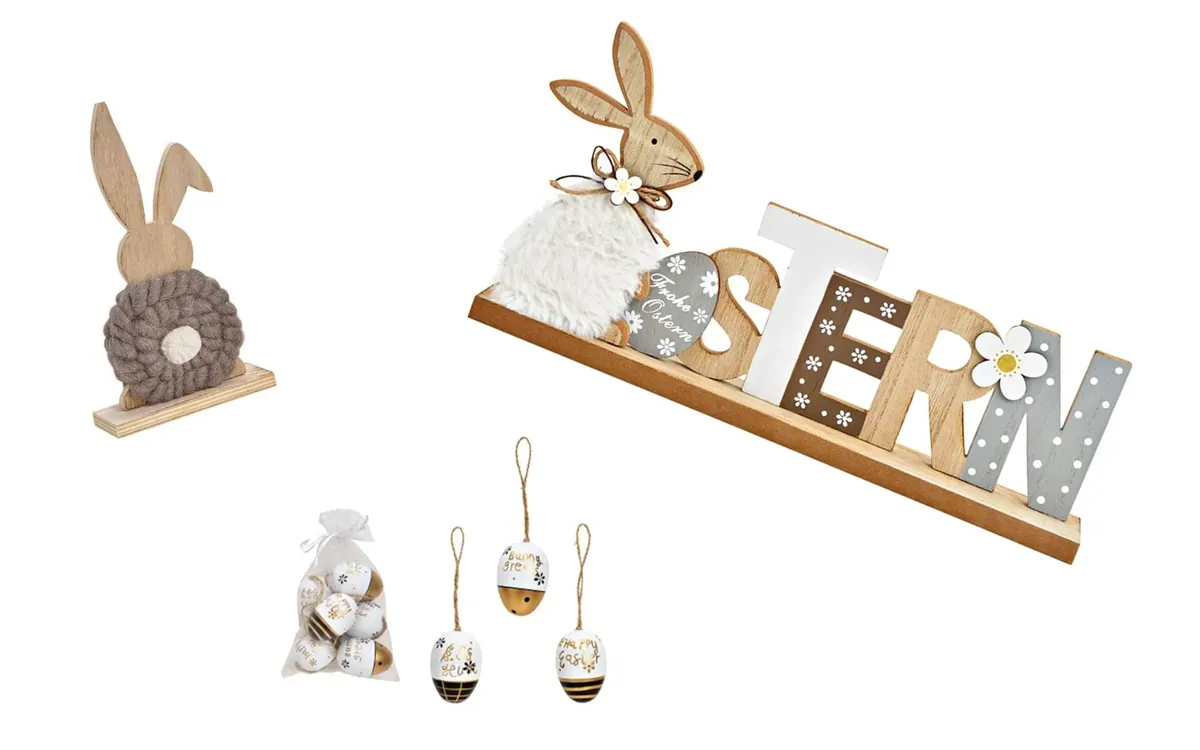 Oster-Deko-Set 3-teilig – Holz-Hasen & Ostereier zum Hängen