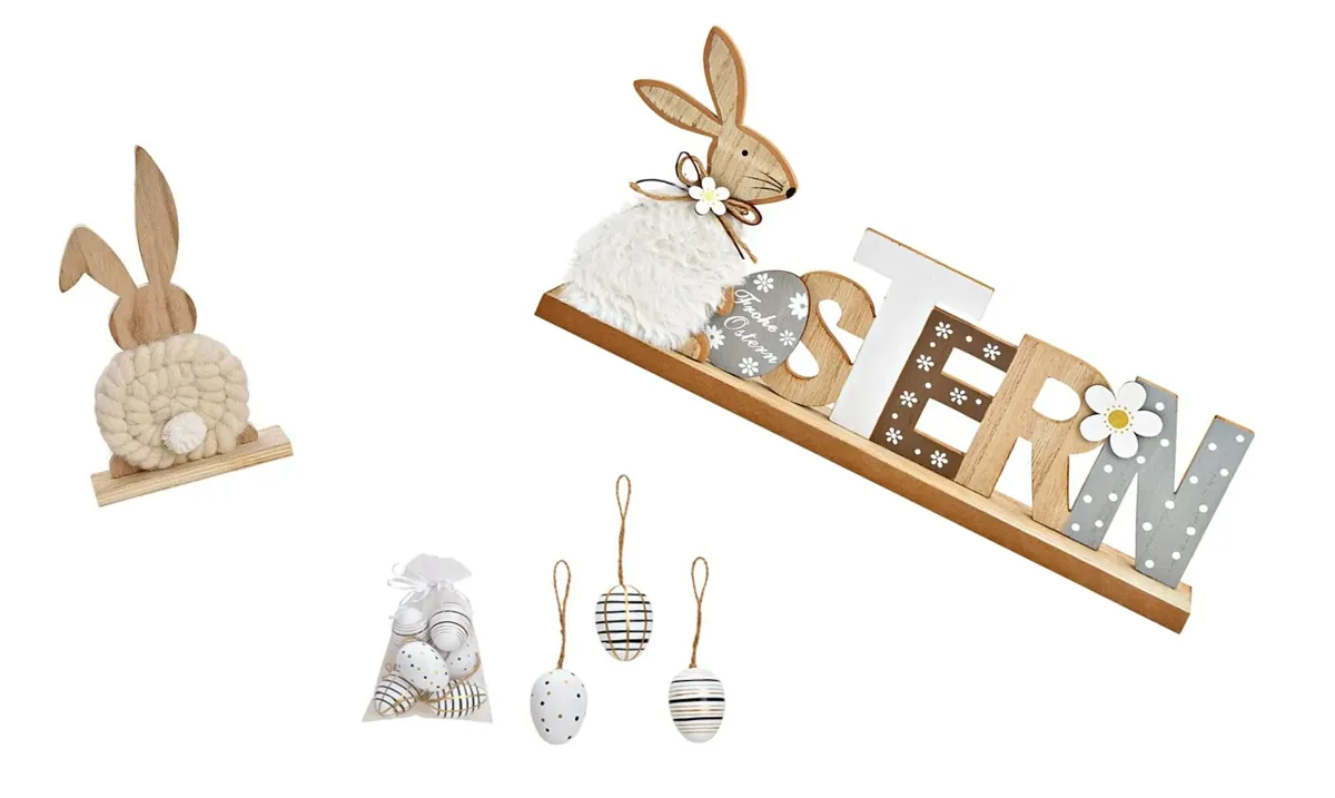 Oster-Deko-Set 3-teilig – Holz-Hasen & Ostereier zum Hängen