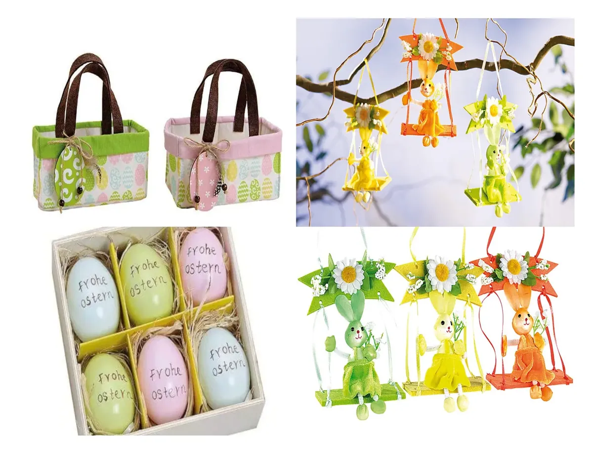 Oster-Deko-Set 4-teilig – Frühlingshäschen, bunte Eier mit Aufschrift & 2 Osterkörbe