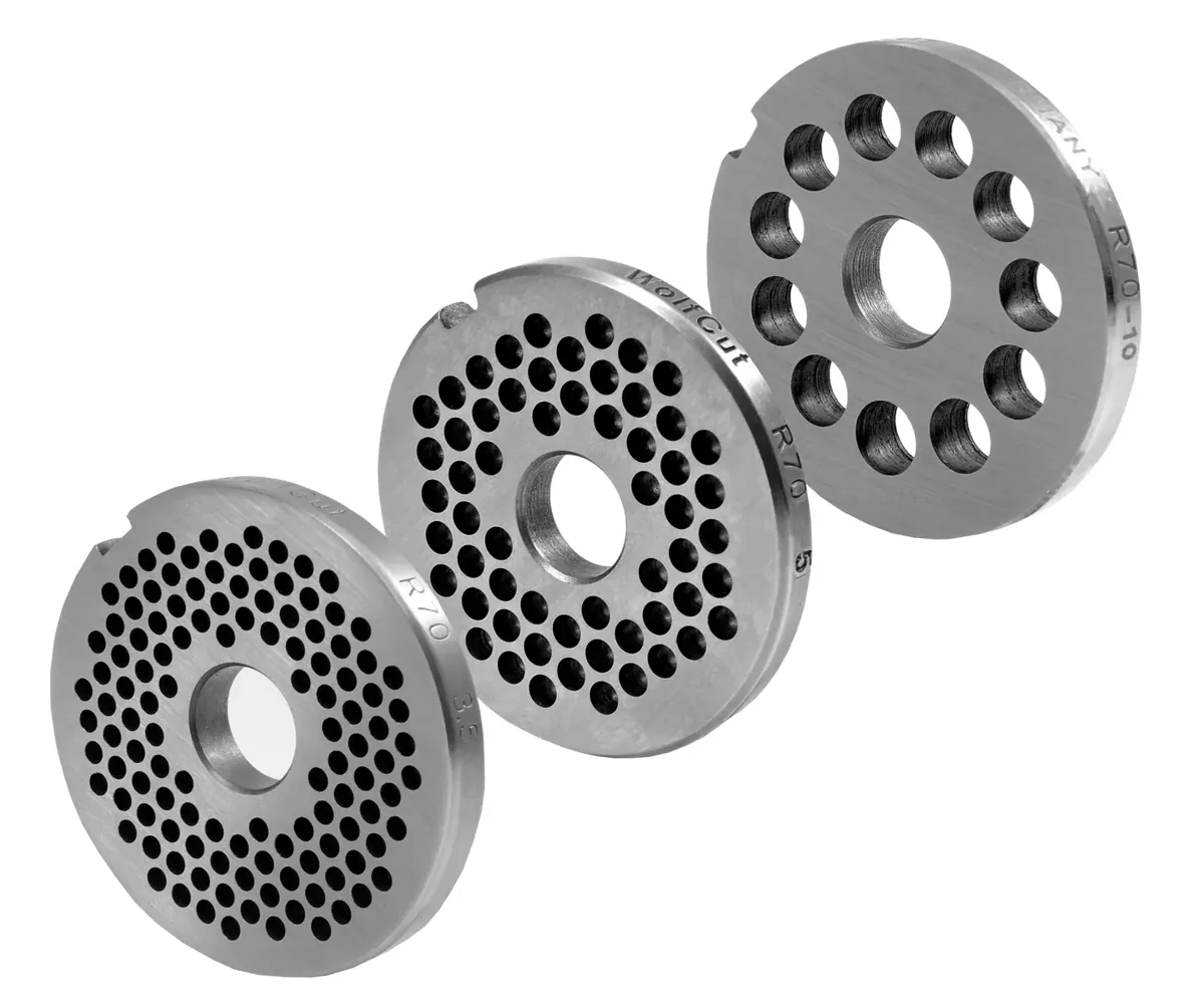 WOLFCUT - Fleischwolfscheibensatz 3,5 mm + 5 mm+ 10 mm Bohrung kompatibel mit allen gängigen Fleischwolf Marken Größe R70 Werkzeugstahl