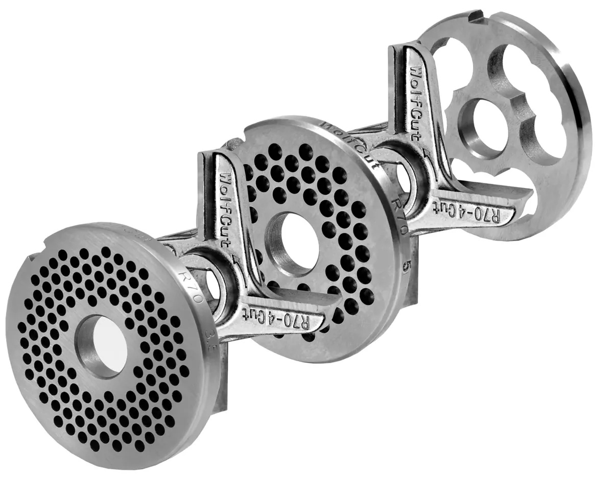 WOLFCUT - Fleischwolfscheibensatz 3,5 mm + 5 mm Bohrung, 2 Robotmesser und ein Vorschneider kompatibel mit allen gängigen Fleischwolf Marken Größe R70 Werkzeugstahl