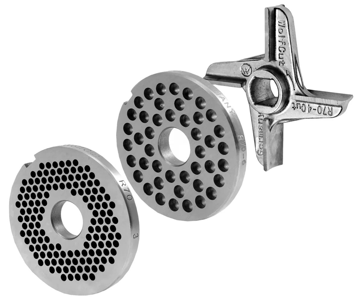 WOLFCUT - Fleischwolfscheibensatz 3 mm + 6 mm Bohrung und ein Robotmesser kompatibel mit allen gängigen Fleischwolf Marken Größe R70 Werkzeugstahl