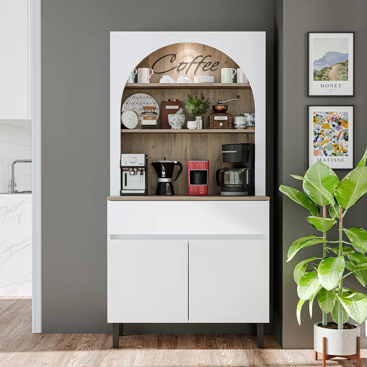 Roomart Küchenschrank VENEDIK, 90 cm, Kaffeebar mit LED und Schublade, in 4 Farben