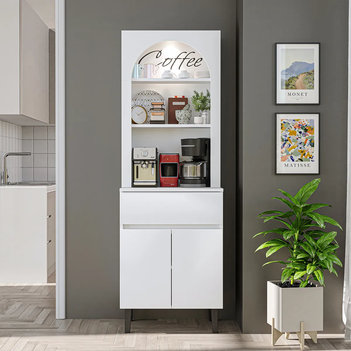 Roomart Küchenschrank VENEDIK 60 cm, Kaffeebar mit LED und Bogendesign, in 4 Farben