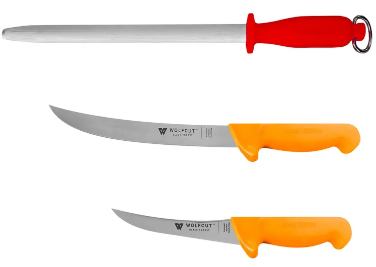 WOLFCUT Gold Serie - Metzgermesser-Set 3-tlg. - Ausbeinmesser 15 cm gebogene flex Klinge, Zerlegemesser 21 cm, Wetzstahl oval