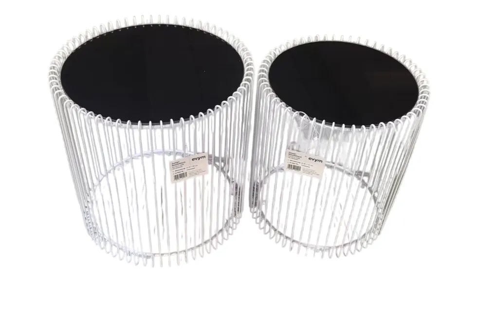 Design-Beistelltische 2er-Set in weis aus Eisen mit schwarzer Glasplatte – Ø45x46 cm & Ø38x44 cm