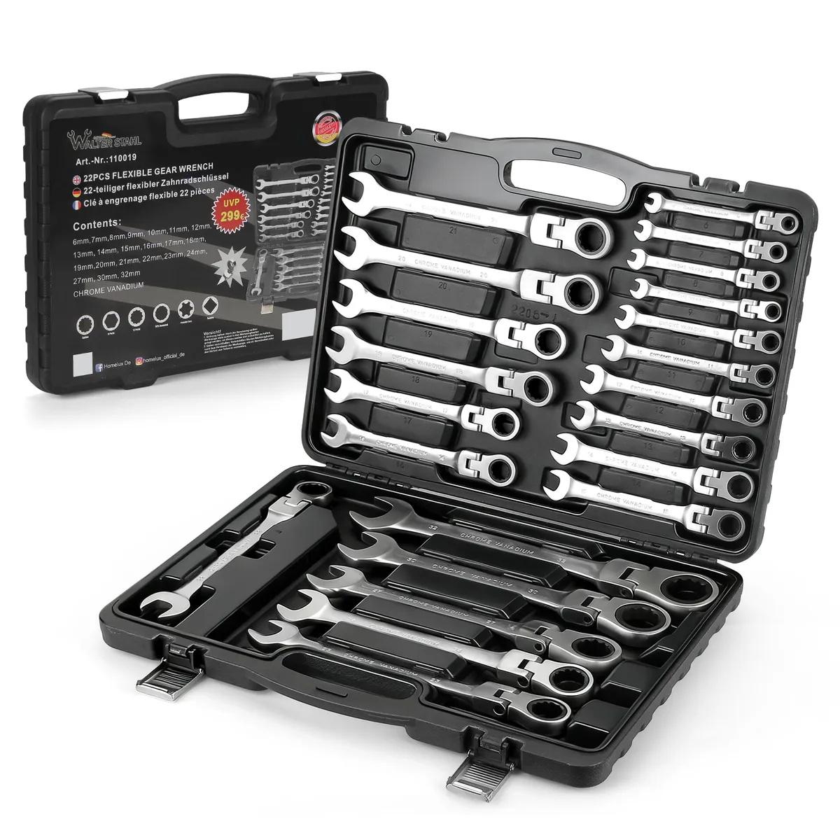 22 tlg. Gelenk Ratschenschlüssel Set 6-32mm Flexibel 72 Zähne Chrom Vanadium Knarrenschlüssel im Koffer