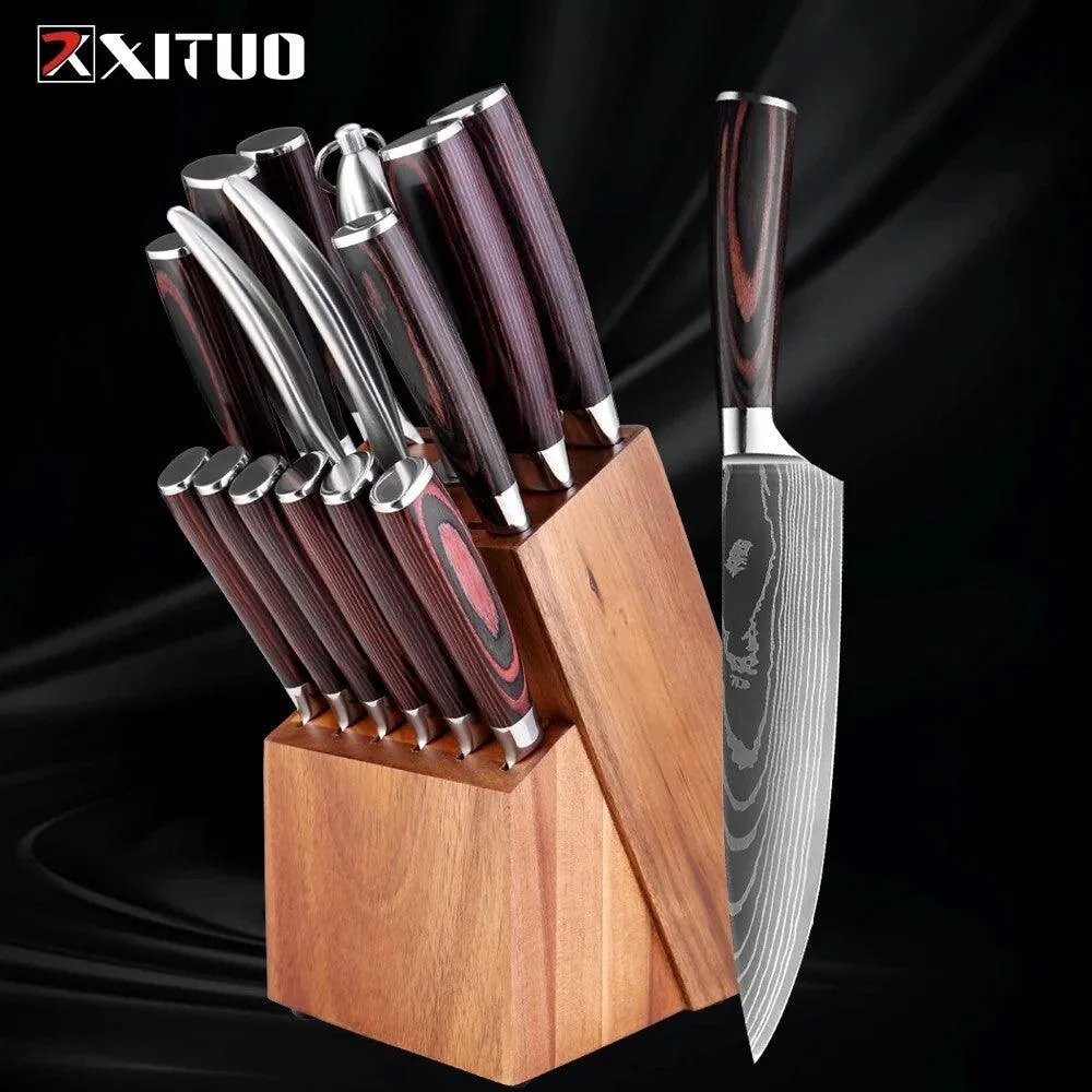 XITUO Japanisches großes Küchenmesser Set - Braun - mit Messerblock aus Holz (15-teilig)