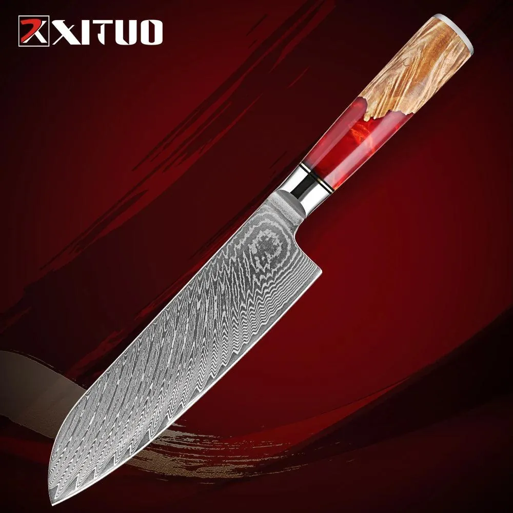 XITUO Santoku Damastmesser 7 Zoll | 67-lagen (Rot-Brauner Griff)