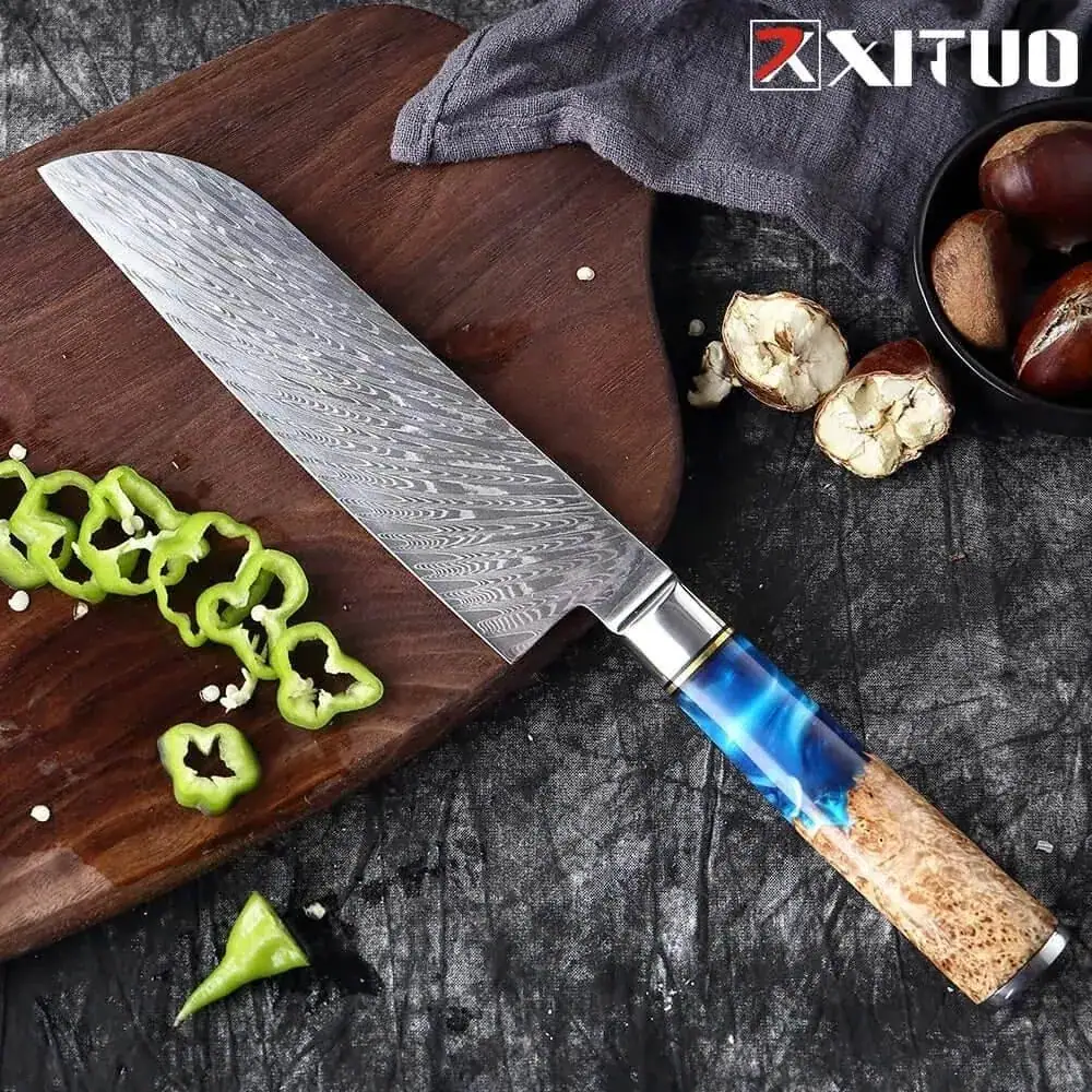 XITUO Santoku Küchenmesser aus VG10 Stahl mit blau-braunen Harzgriff