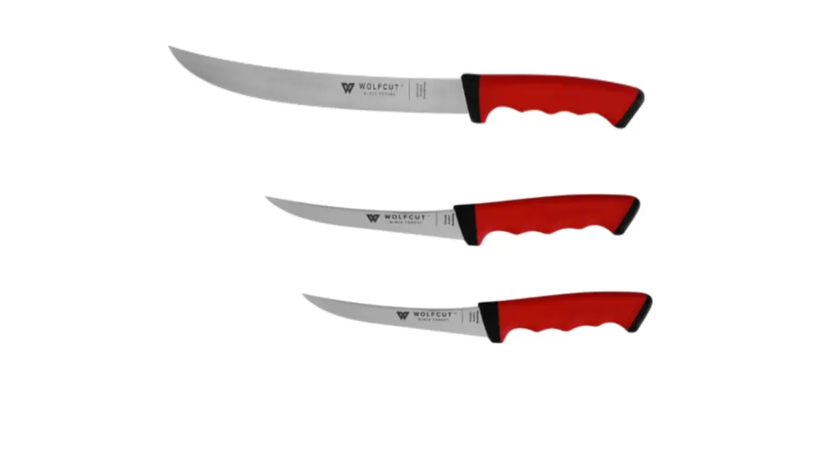 WOLFCUT SoftGrip RED-Serie - Metzgermesser-Set 3-tlg. Zerlegemesser 26 cm, Ausbeinmesser 13 cm, Ausbeinmesser 15 cm gebogene flex Klinge