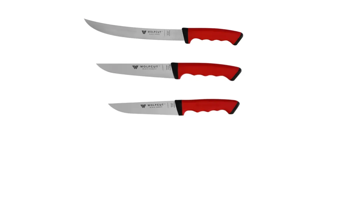 WOLFCUT SoftGrip RED-Serie - Metzgermesser-Set 3-tlg. Zerlegemesser 26cm, Fleischermesser 19cm, Stechmesser 17cm