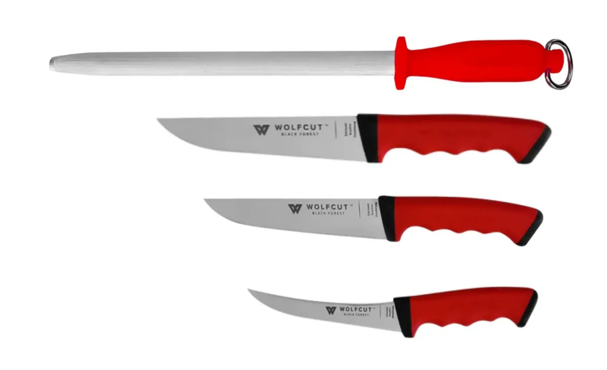 WOLFCUT SoftGrip RED-Serie - Metzgermesser-Set 4-tlg. - Ausbeinmesser 15 cm, Stechmesser 17 cm, Fleischermesser 19 cm, Wetzstahl oval
