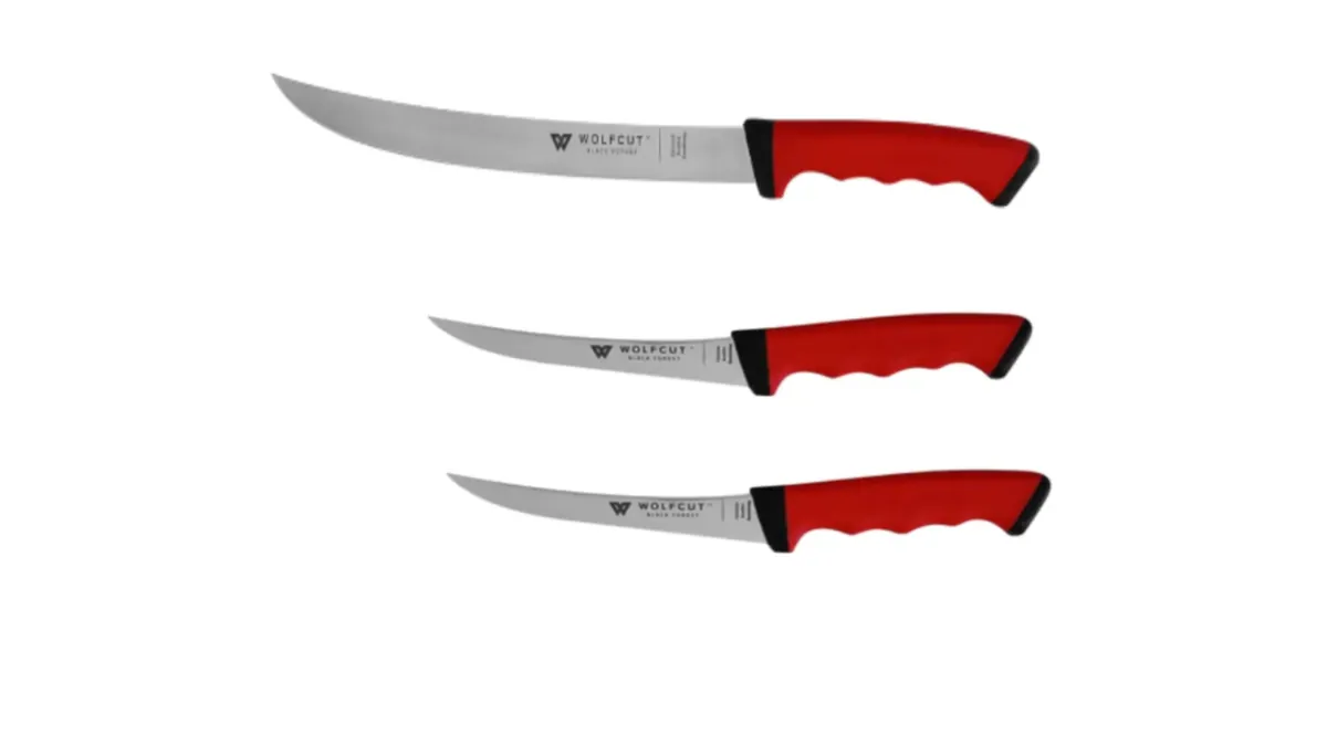 WOLFCUT SoftGrip RED-Serie - Metzgermesser-Set 3-tlg. - Zerlegemesser 26 cm, 2x Ausbeinmesser 13 cm gebogener flex Klinge