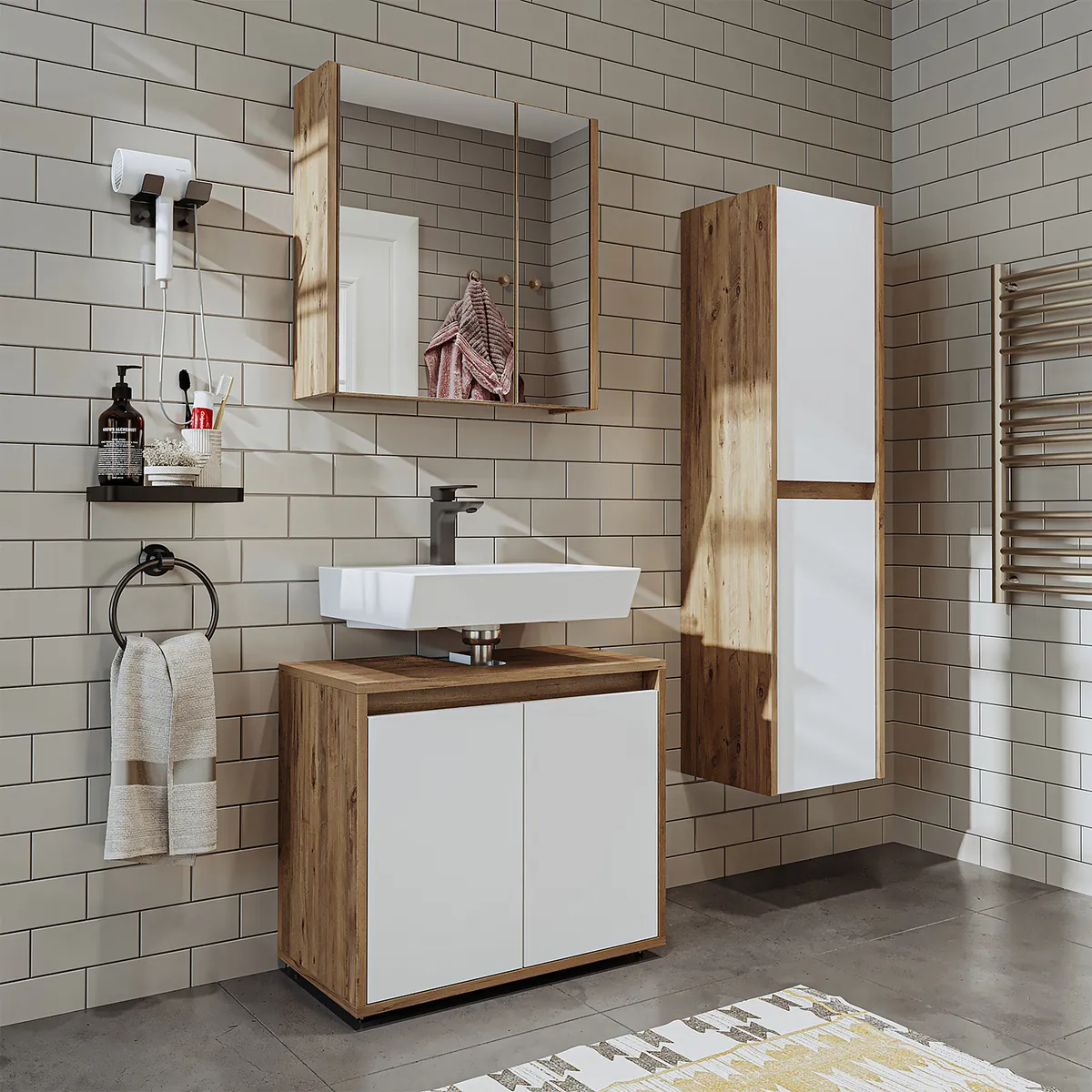 Roomart Badmöbel Set MELONA-S2 – 3-teiliges Badezimmermöbel-Set mit 65 cm Unterschrank, Spiegelschrank & Hochschrank – Modernes Badmöbel in 4 Farben