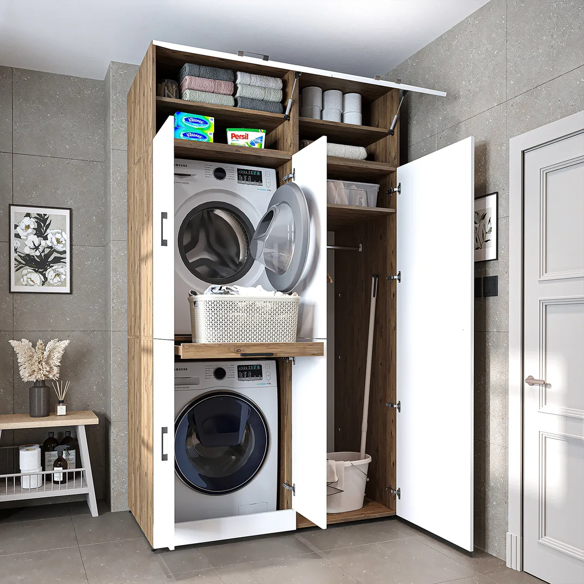Roomart Waschmaschinenschrank- DORA-I- 130 cm breit – Waschmaschinen- & Trockner-Überbau mit Türen und Ausziehplatte, Bad & Waschküche, 5 Farben