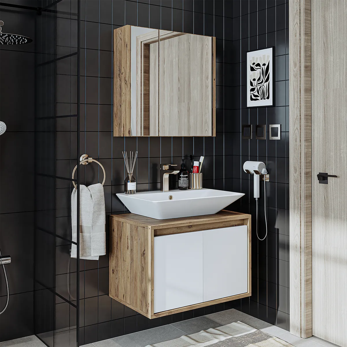 Roomart Badmöbel Set ATLANTIC – 3-teilig – 65 cm Waschbeckenunterschrank mit Keramikwaschbecken & Spiegelschrank | Badezimmermöbel