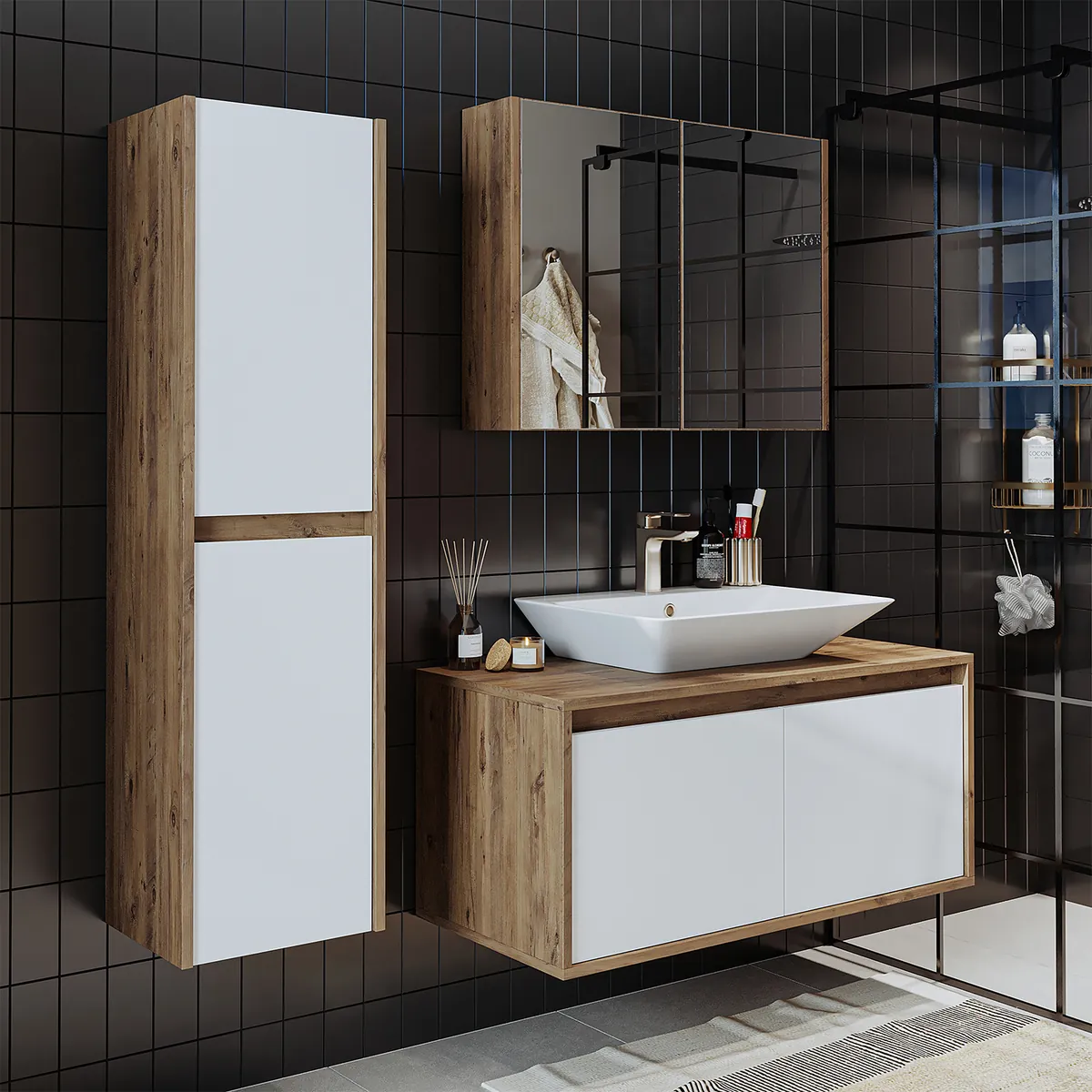 Roomart Badmöbel Set ATLANTIC 4-teilig – 100 cm Waschbeckenunterschrank mit Keramikwaschbecken, Spiegelschrank & Hochschrank – in 5 Farben