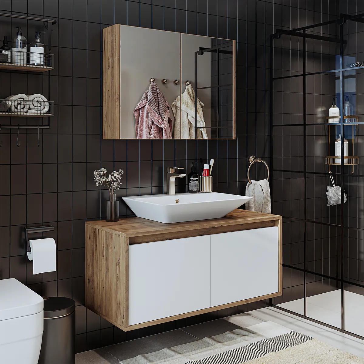 Roomart Badmöbel Set ATLANTIC 3-teilig – 100 cm Unterschrank mit Keramikwaschbecken & 80 cm Spiegelschrank | Badezimmermöbel