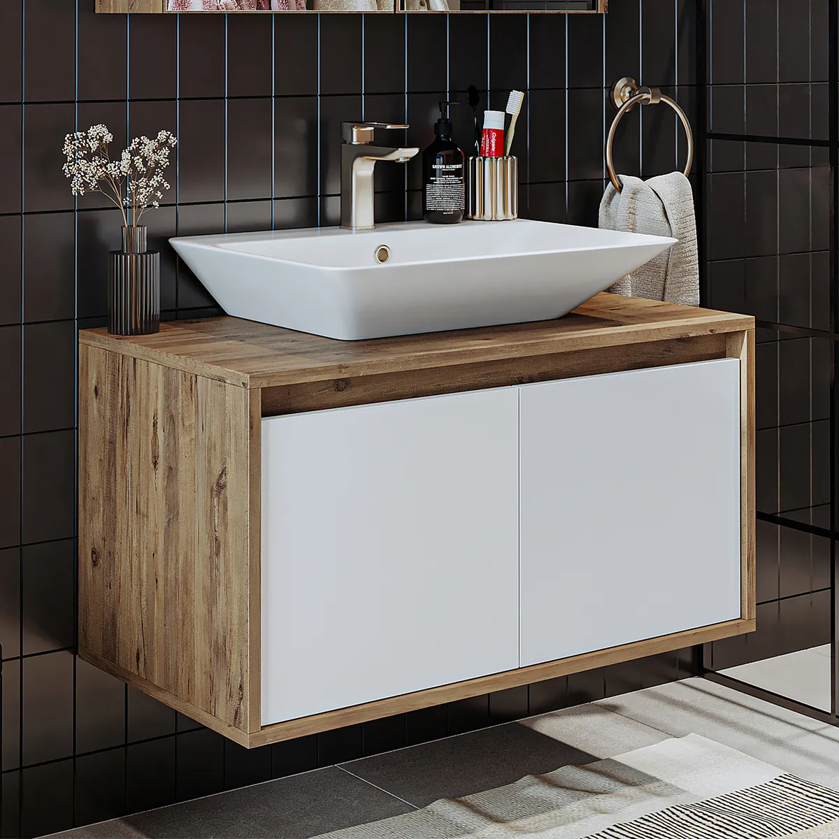 Roomart Atlantic Waschbecken mit Unterschrank 85 cm – Badmöbel Set in Weiß, Eiche, Weiß-Eiche & Anthrazit-Eiche