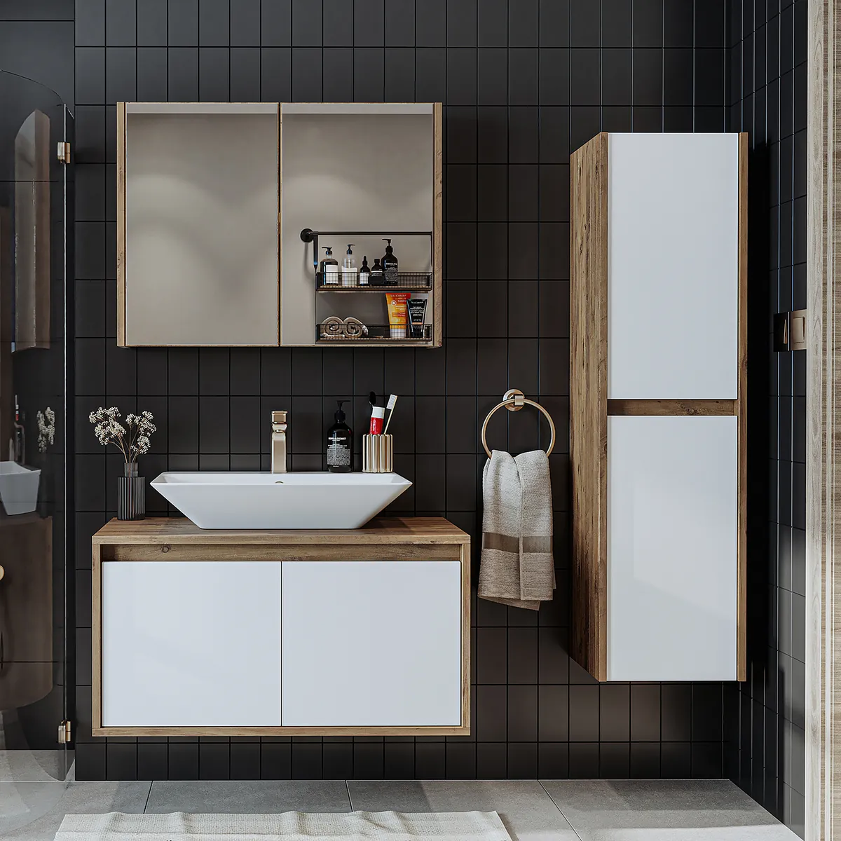 Roomart Badmöbel Set ATLANTIC 4-teilig – 85 cm Waschbeckenunterschrank mit Keramikwaschbecken, Spiegelschrank & Hochschrank, in 5 Farben