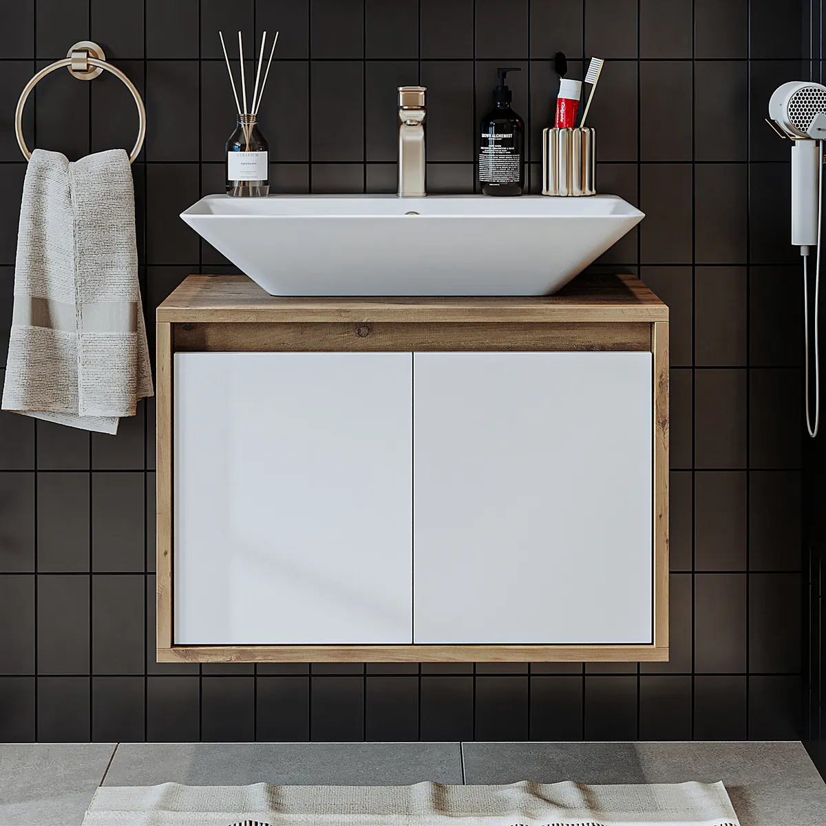 Roomart Atlantic Waschbecken mit Unterschrank 65 cm – Badmöbel Set in 5 Farben | Badezimmermöbel mit Keramikwaschbecken