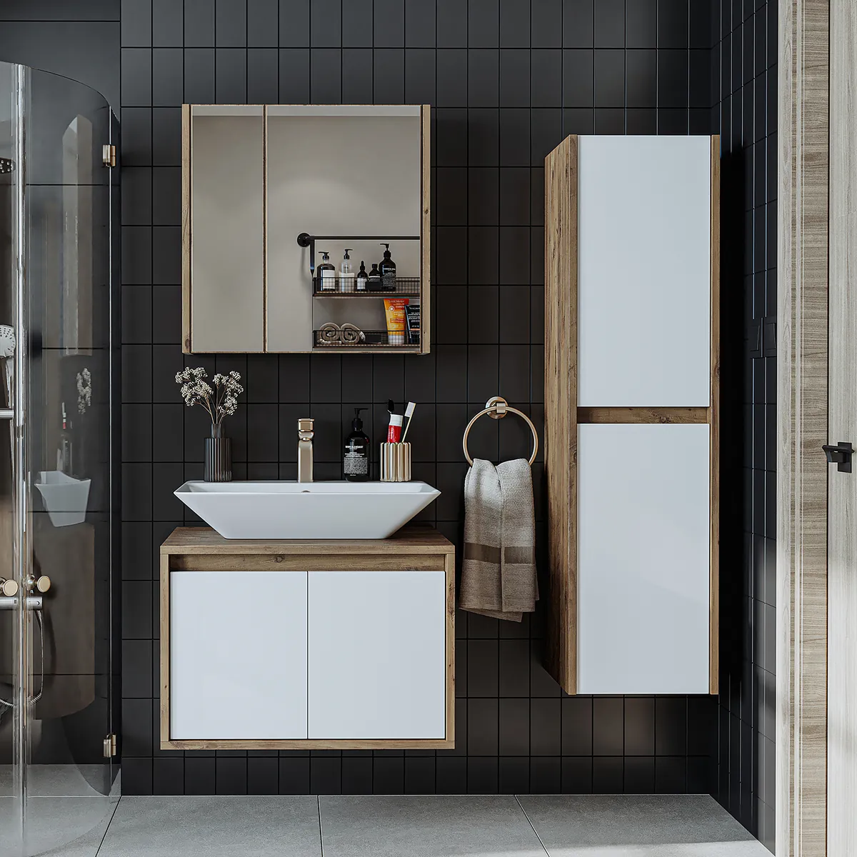 Roomart Badmöbel Set ATLANTIC 4-teilig – 65 cm Waschbeckenunterschrank mit Keramikwaschbecken, Spiegelschrank & Hochschrank | Badezimmermöbel in 5 Farben