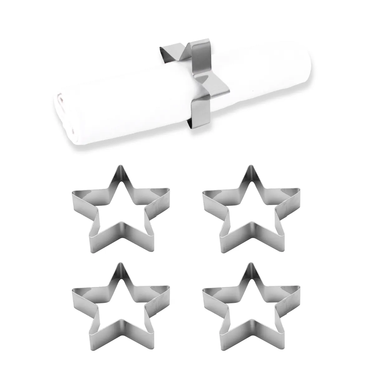 Serviettenring-Set aus Edelstahl, Stern-Design, Serviettenhalter, Serviettenschnallen, 4 teilig