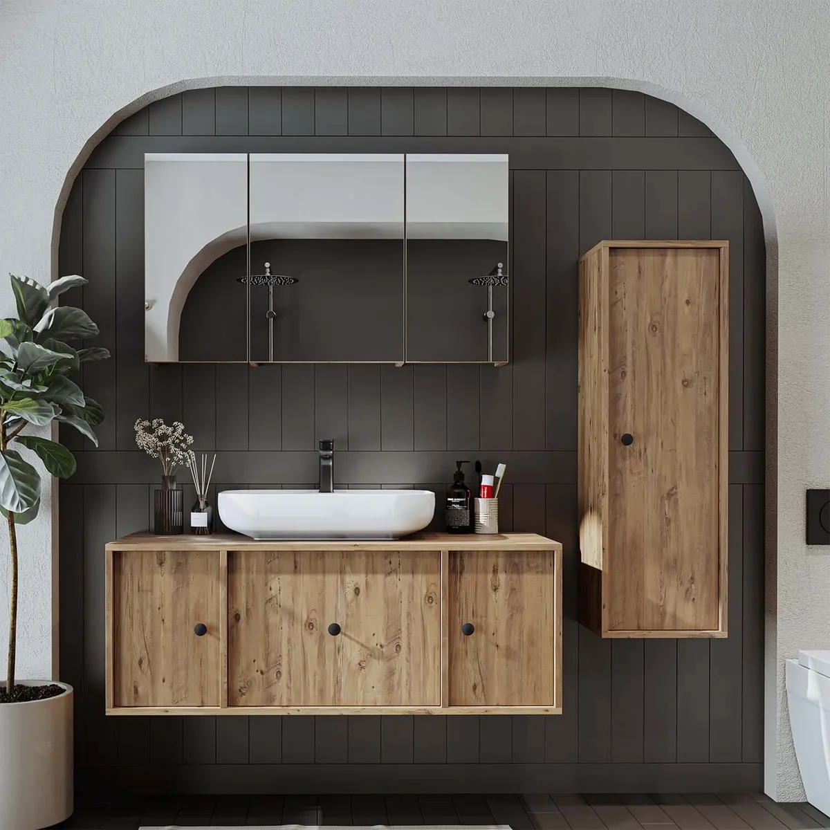 Roomart Badezimmermöbel Set GUSTO 120 cm – 4-teiliges Badmöbel-Set mit Keramik-Waschbecken, Spiegelschrank & Hochschrank – Moderne Badmöbel