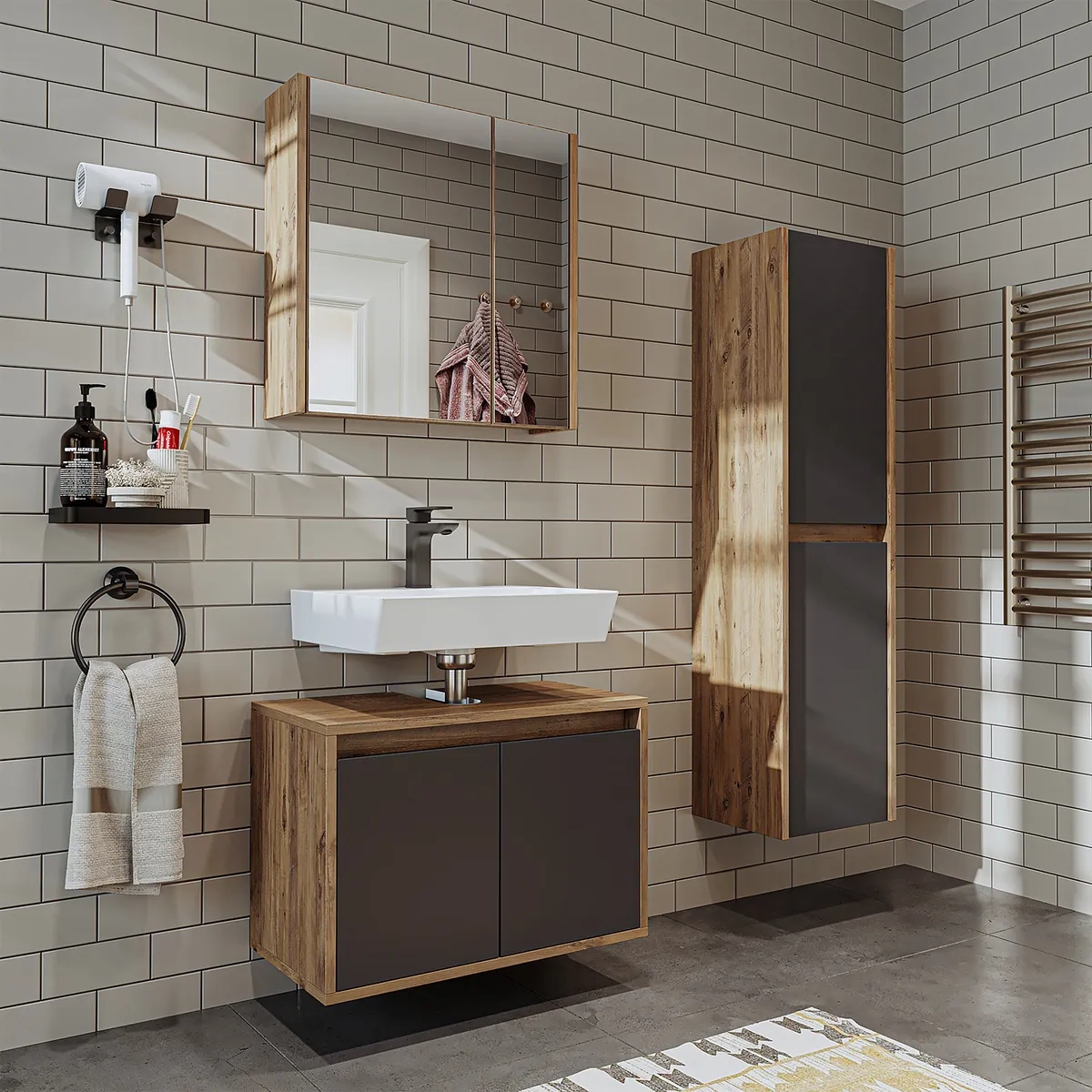 Roomart Badmöbel Set MELONA-S1 65 cm – 3-teiliges Badezimmermöbel-Set mit Unterschrank, Spiegelschrank & Hochschrank – Moderne Badmöbel in 4 Farben