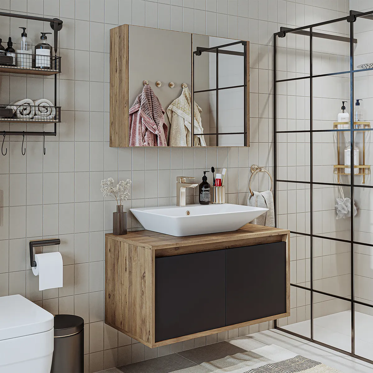 Roomart ATLANTIC Badmöbel Set 3-teilig – 85 cm Waschbecken mit Unterschrank & Keramikwaschbecken, Spiegelschrank, Badezimmermöbel