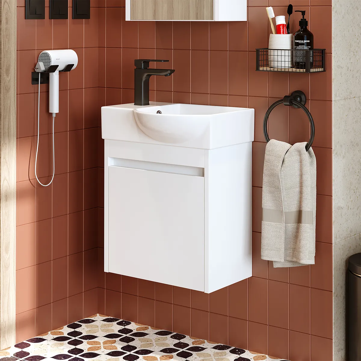 Roomart Waschtischunterschrank LEO mit Keramik-Waschbecken – Gäste-WC Badmöbel – Wasserhahn links