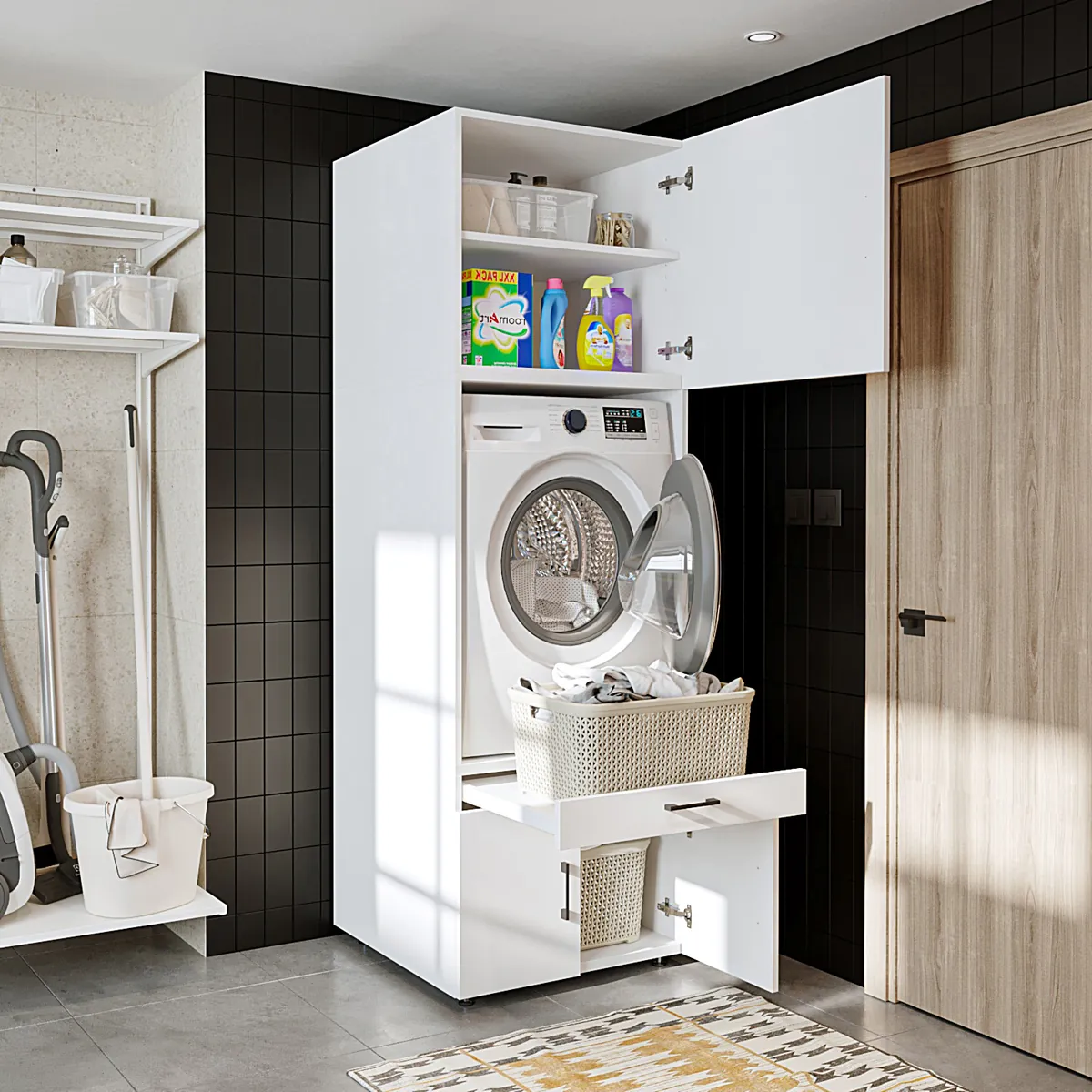 Roomart Waschmaschinenschrank 205 cm mit Überbau und Ausziehbrett, in 3 Farben
