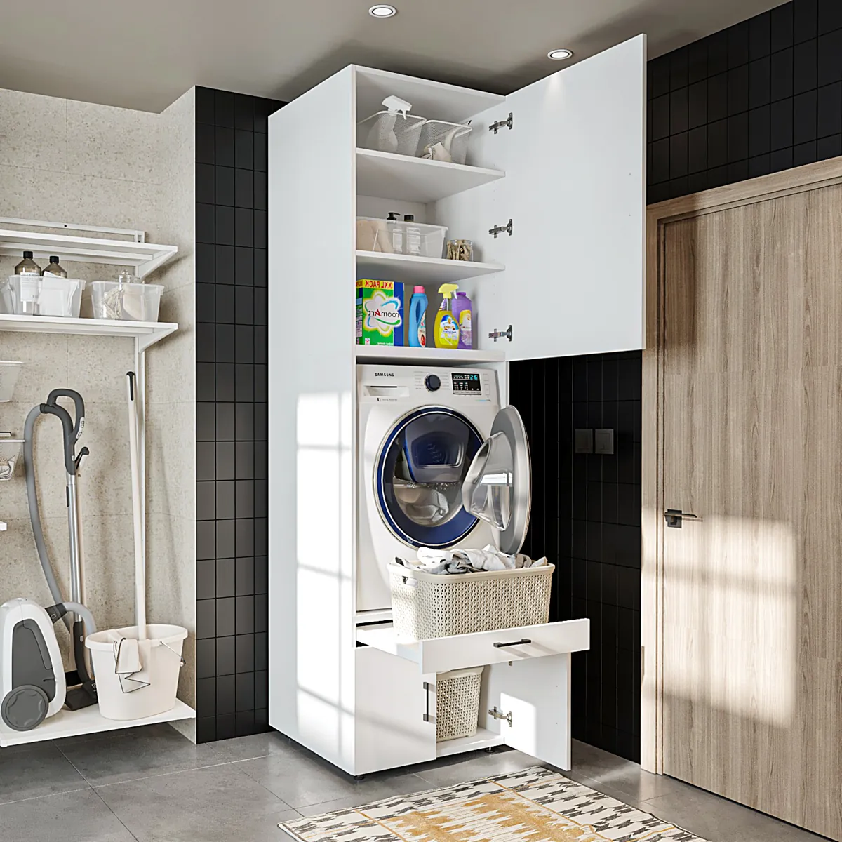 Roomart Waschmaschinenschrank mit 95 cm Schrankaufsatz – HBT 240×67×66,8 cm – mit Ausziehbrett – Waschküche & Hauswirtschaftsraum – Weiß | Eiche | Schwarz-Eiche