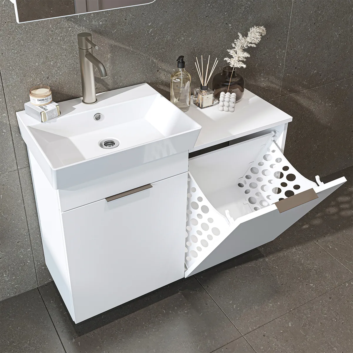 Roomart Waschbeckenunterschrank LYCIA, 49 cm, mit Waschbecken und Wäschefach, in 4 Farben