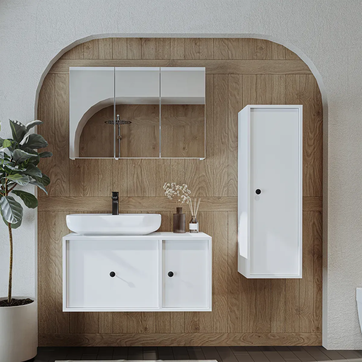Roomart Badezimmermöbel Set GUSTO 90 cm – 4-teiliges Badmöbel-Set mit Keramik-Waschbecken, Spiegelschrank & Hochschrank – Moderne Badmöbel