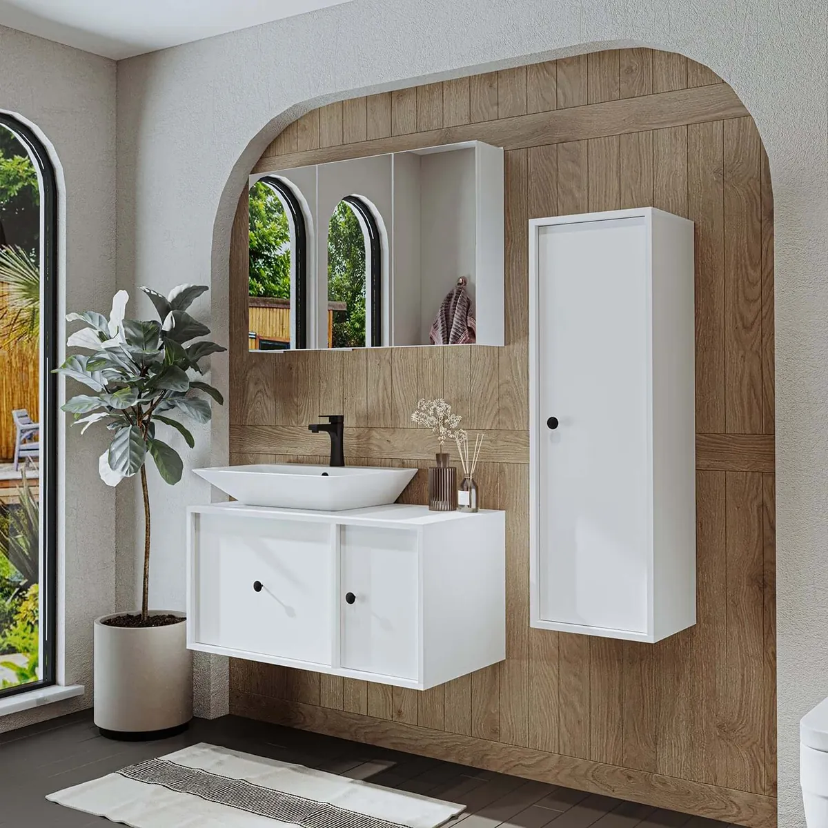 Roomart Badezimmermöbel Set GUSTO-ATL 90 cm – 4-teiliges Badmöbel-Set mit Keramik-Waschbecken, Spiegelschrank & Hochschrank – Moderne Badmöbel für Badezimmer & Gäste-WC