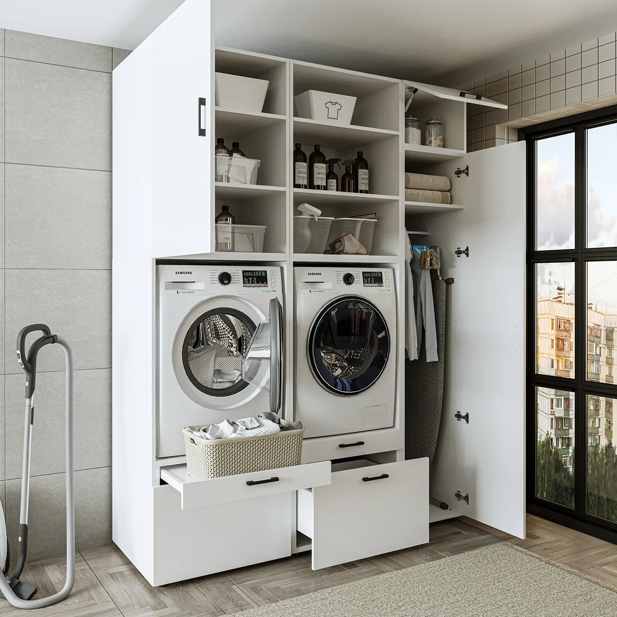 Roomart Waschmaschinenschrank SERIE 2, Doppelschrank mit Ausziehbrettern und Hochschrank, in 3 Farben