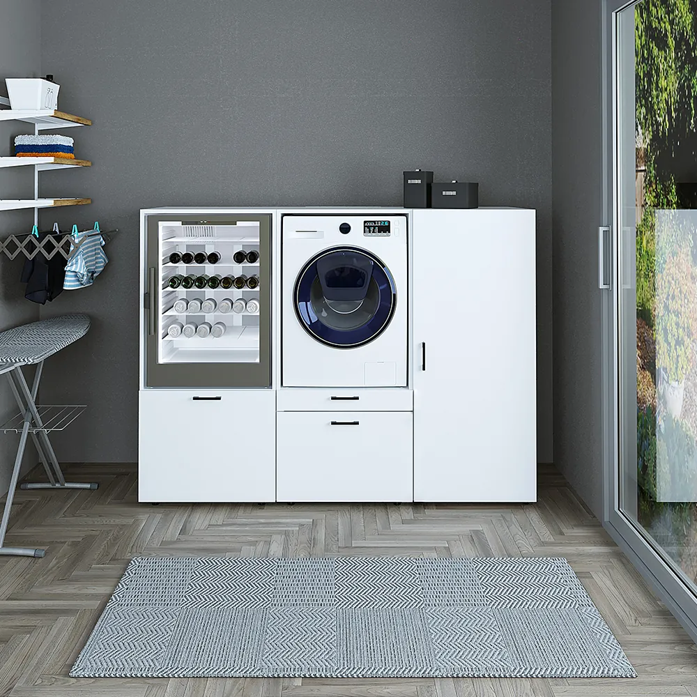 Roomart Schrankwand für Hauswirtschaftsraum & Waschküche – Überbauschrank mit Schubladen & Ausziehbrett – Waschmaschinenschrank – Weiß / Schwarz-Eiche