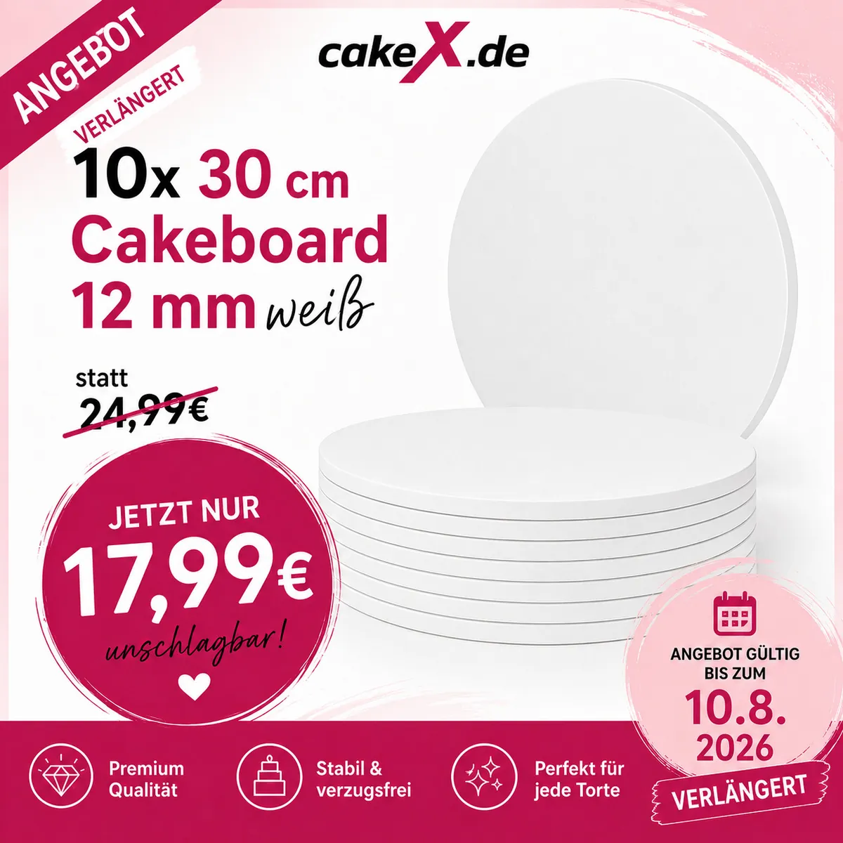 10x Cakeboard 30cm 12mm in Weiß ( glatter Rand )