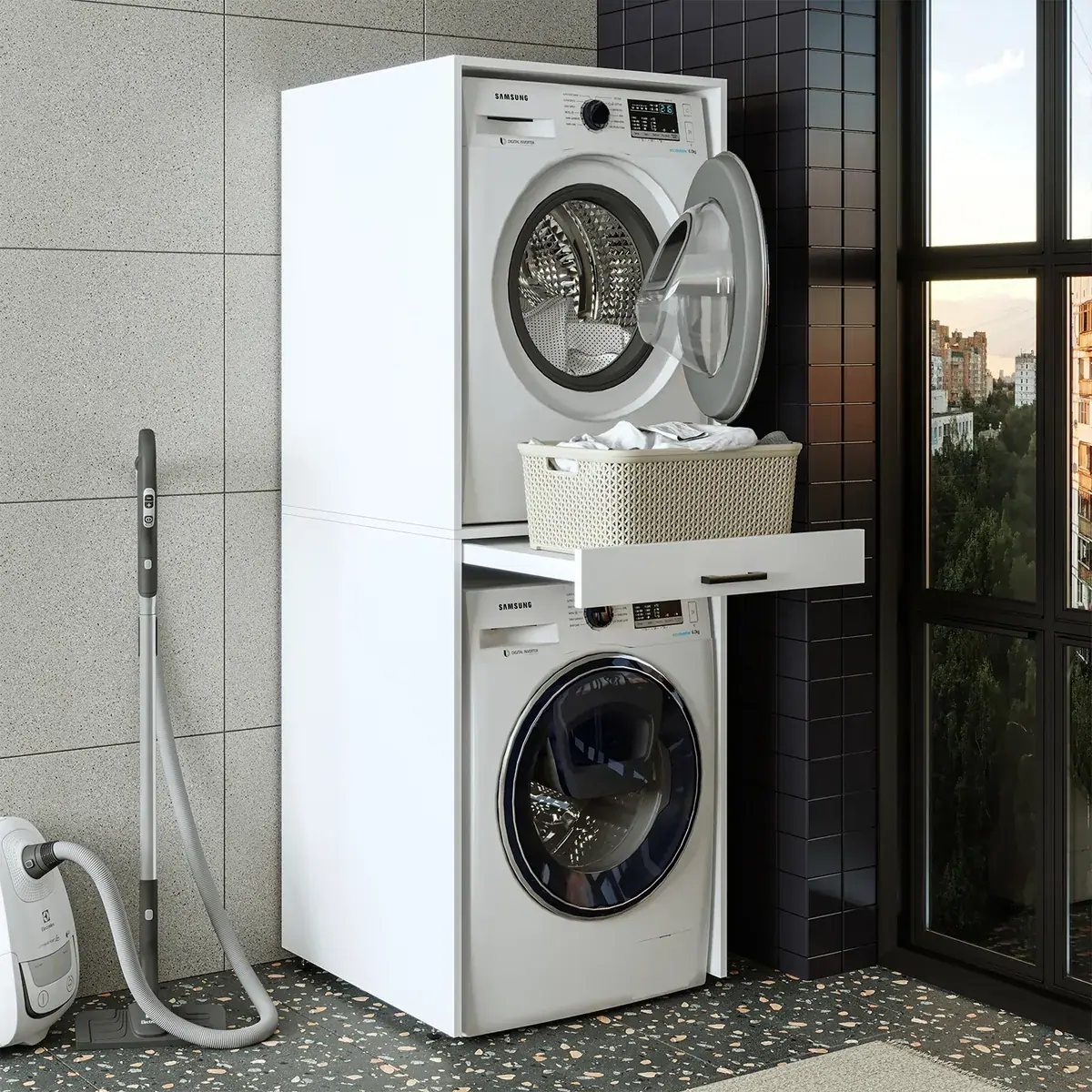Roomart Waschmaschinenschrank für Trockner & Waschmaschine - SERIE DUO-I-  67 cm breit,  mit Ausziehbrett • Für Waschküche & Hauswirtschaftsraum • in 3 Farben