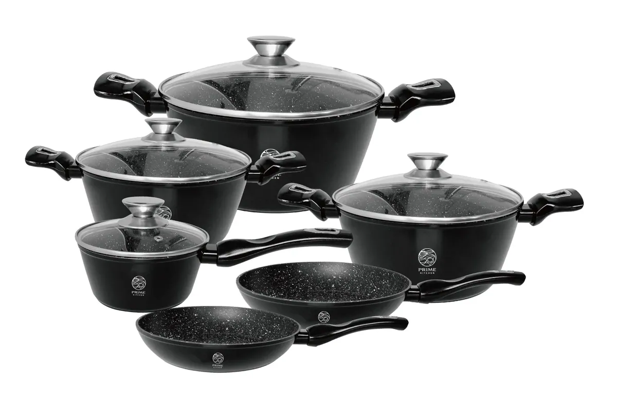 10-teiliges Kochgeschirr Set mit Antihaftbeschichtung – Töpfe 20/24/28 cm & Pfannen 24/28 cm – inkl. 16 cm Kasserolle – Induktionsgeeignet, Glasdeckel, Marmor-Beschichtung