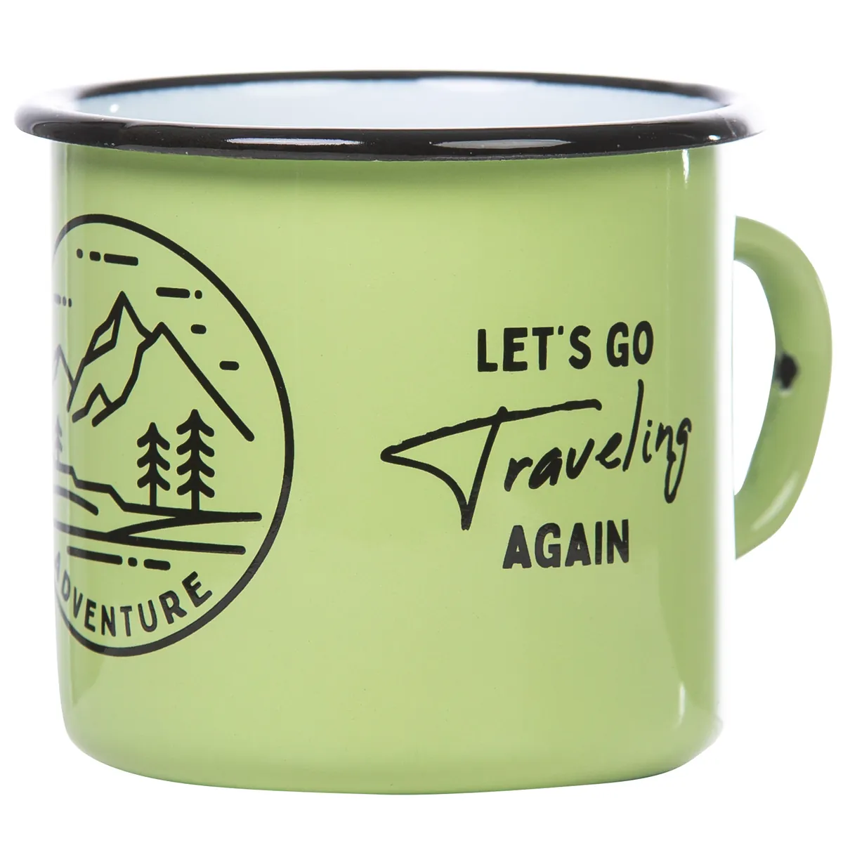 ADVENTURE TRAVELING EXPLORING | Emaillebecher in grün | im Outdoor Design