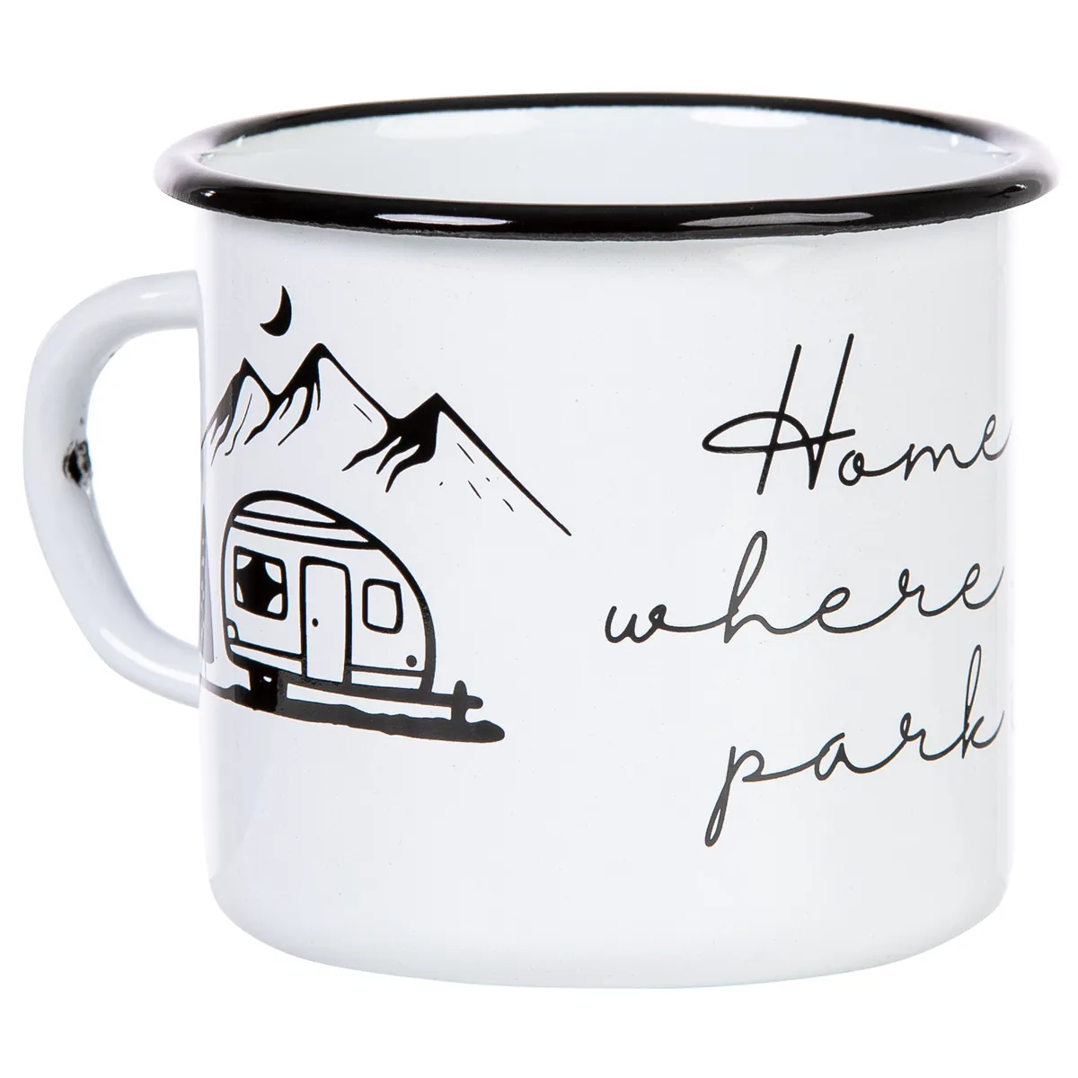 HOME IS WHERE YOU PARK IT Emaillebecher mit Wohnwagen Motiv