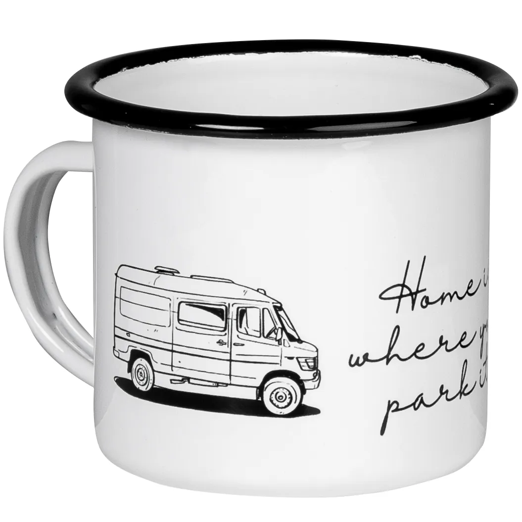 HOME IS WHERE YOU PARK IT Emaillebecher mit Vario T2W T1 Kastenwagen Wohnmobil