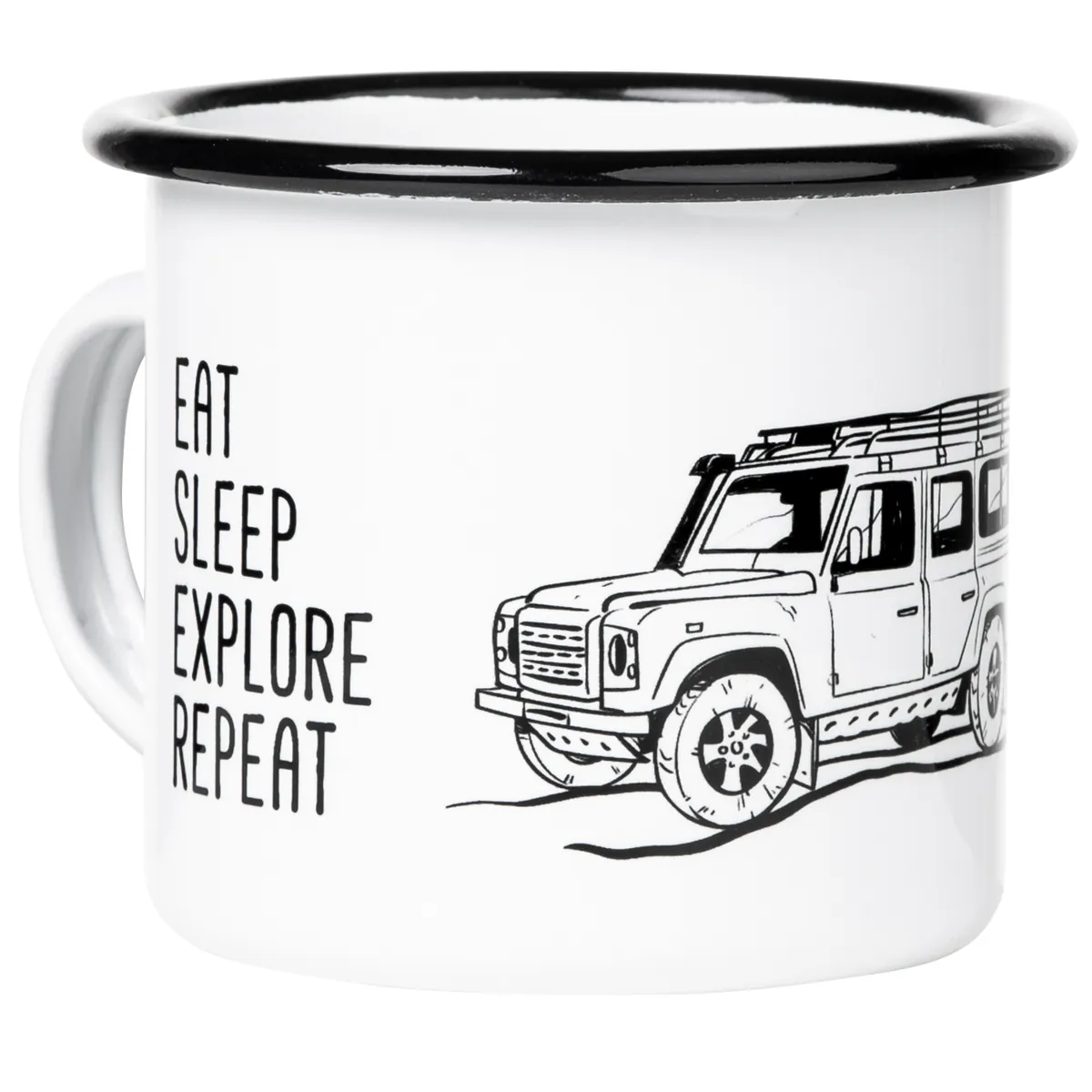 EAT SLEEP EXPLORE Emaillebecher mit Geländewagen Zeichnung