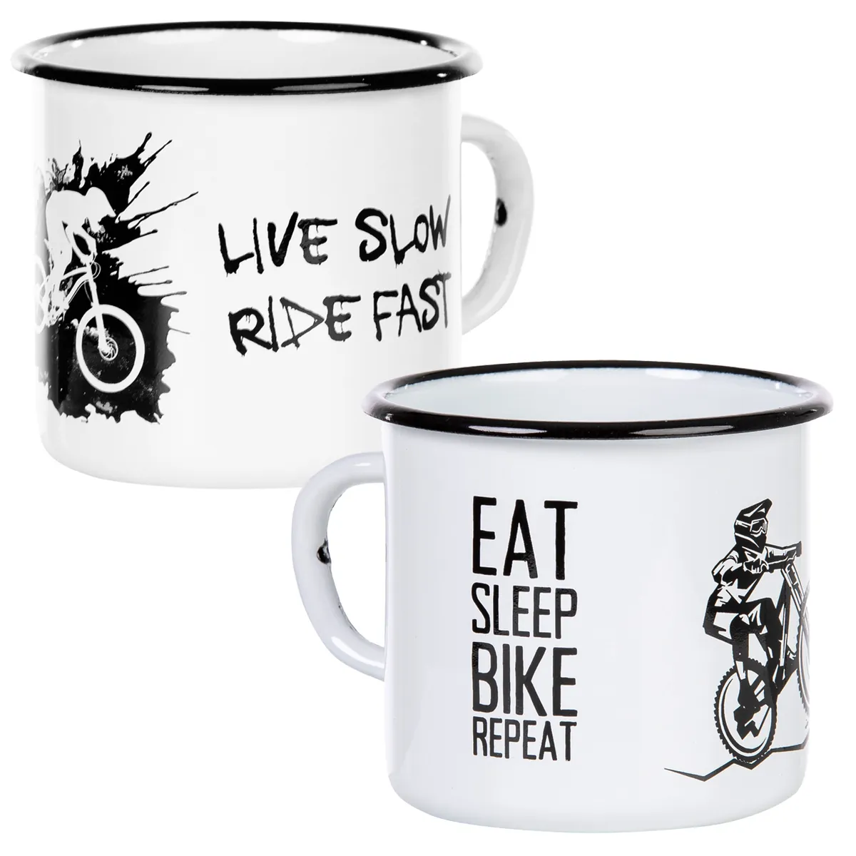 MOUNTAINBIKE Emaillebecher in weiß - Inhalt 330ml - verschiedene MTB Motive