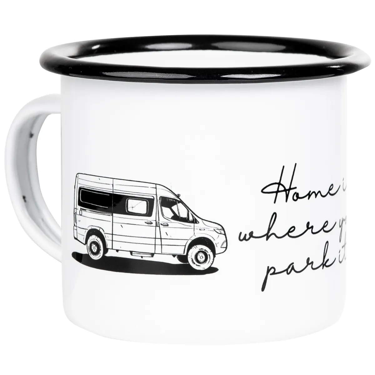 HOME IS WHERE YOU PARK IT Emaillebecher mit Campervan Kastenwagen
